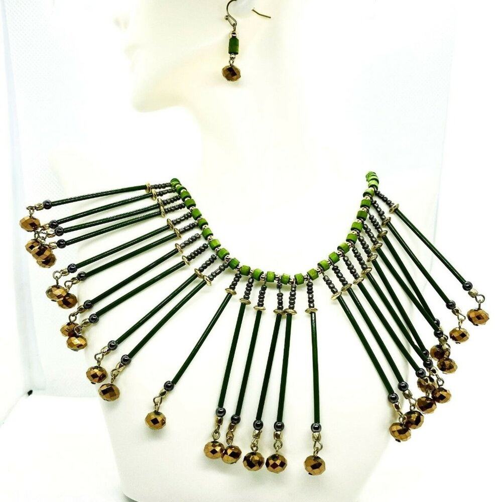 Green Bronze Wood Bib Style Necklace & Earrings